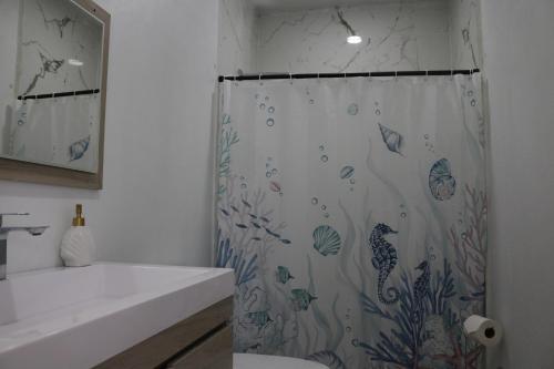 y baño con cortina de ducha y lavamanos. en Casa Francisca, 