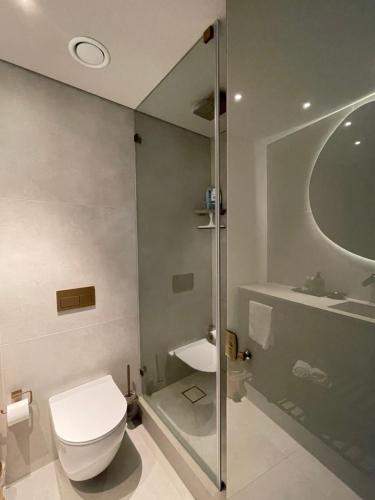 a bathroom with a toilet and a shower and a sink at Suite on the beach in Haifa