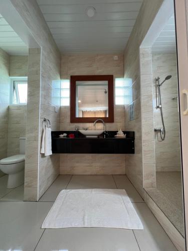 La salle de bains est pourvue d'un lavabo, de toilettes et d'un miroir. dans l'établissement Creole Pearl Self-Catering, à Victoria