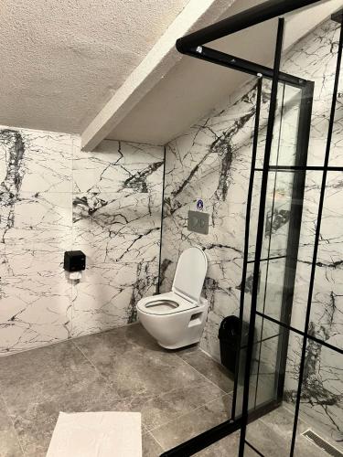 a bathroom with a white toilet in a room at Esinti Bungalows Otel in Çamlıhemşin