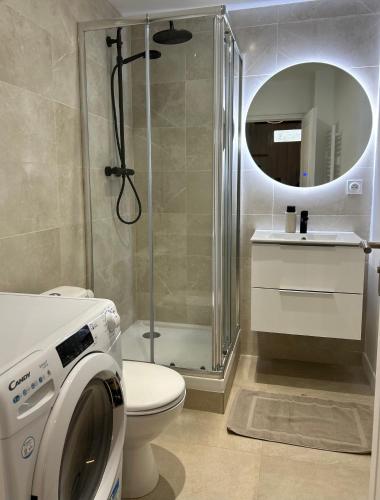 La salle de bains est pourvue d'une douche, de toilettes et d'un lave-linge. dans l'établissement LE PETIT NIORTAIS - Centre ville - WIFI - NETFLIX - AMAZON, à Niort