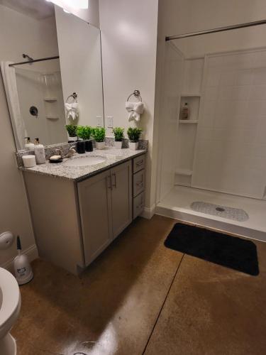 a bathroom with two sinks and a shower with a mirror at Luxury one bedroom apartment home in Greensboro