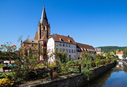 a building with a clock tower next to a river at Emile&Jeanne - Centre - 2 chambres - Wifi, Netflix in Wissembourg