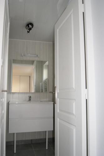 a bathroom with a white sink and a mirror at Le Tiot Gîte in Le Bois de Cise