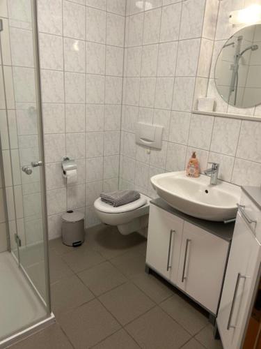 ein Bad mit einem WC, einem Waschbecken und einer Dusche in der Unterkunft Appartement 6 in Hilter in Hilter am Teutoburger Wald