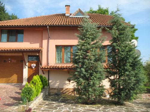 a house with two pine trees in front of it at Guest House Slivek in Slivek