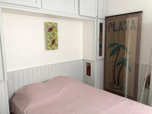 a bedroom with a pink bed and white cabinets at Timounyan T2 centre ville au calme Animaux acceptés in Arcachon