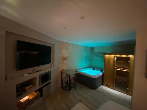Cote spa suite nord في Saint-Victoret: غرفة مع حمام مع حوض استحمام وتلفزيون
