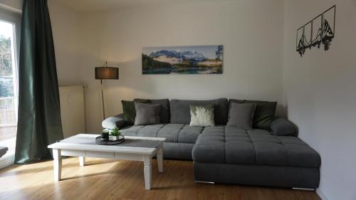 a living room with a gray couch and a table at Apartment Tonelli in Ledenitzen