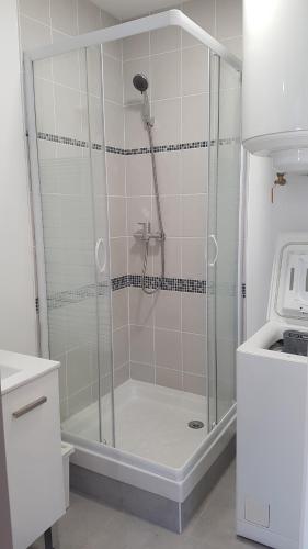 eine Dusche mit Glastür im Bad in der Unterkunft Chelles-Max01 in Chelles