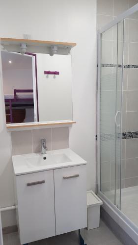 une salle de bain blanche avec un lavabo et une douche dans l'établissement Chelles-Max01, à Chelles