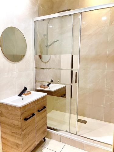 une salle de bain avec douche et lavabo dans l'établissement LOFT SAINT JEAN, à Montluçon