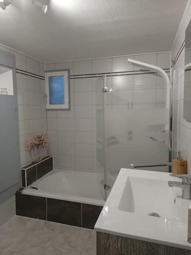 a bathroom with a shower and a tub and a sink at Gîte Chez l'Oncle Paul in Urschenheim