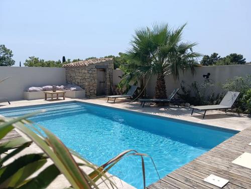 - une piscine dans une villa avec un palmier dans l'établissement Villa avec piscine, à Montpeyroux