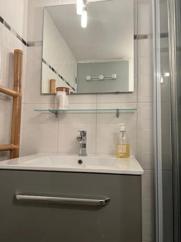 une salle de bain avec un lavabo et un miroir dans l'établissement La Maison de la Côte 4 pers. Prest'immo, à Fleury