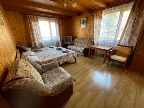 a living room with a bed and a couch and a table at Kryvorizka Palanka in Mykulychyn