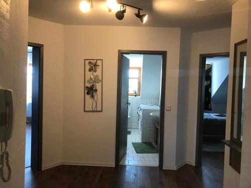 um quarto com um corredor com uma porta e um quarto com uma casa de banho em Mimalou Apartment in Gößnitz em Gößnitz