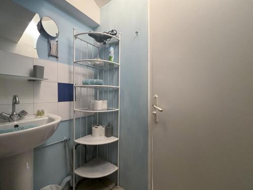 a bathroom with a sink and a shelf next to a door at Zone piétonne - Wifi, AC, 2 pers in Nice