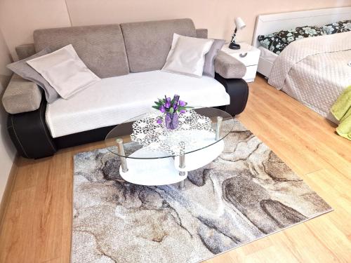 ein Wohnzimmer mit einem Sofa und einem Couchtisch in der Unterkunft ApartHouse Apartamenty Centrum in Sosnowiec