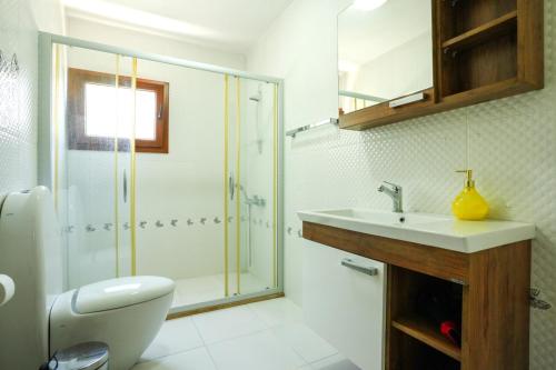 un bagno con wc, lavandino e doccia di Villa Özgür a Ortaca