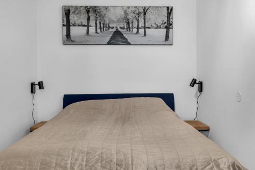 ein Bett in einem Schlafzimmer mit einem Bild an der Wand in der Unterkunft Vervet - 1 bedroom with sofabed in Tromsø