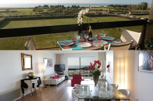 - un salon et un salon avec une table et des chaises dans l'établissement LE PANORAMIQUE, à Deauville