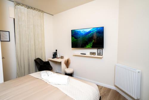 een slaapkamer met een bed en een flatscreen-tv aan de muur bij Angelinas Service Apartment 1 in Oberhausen