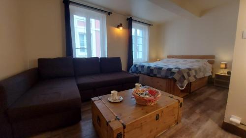 a living room with a couch and a bed at Studio cosy au cœur d'Honfleur in Honfleur