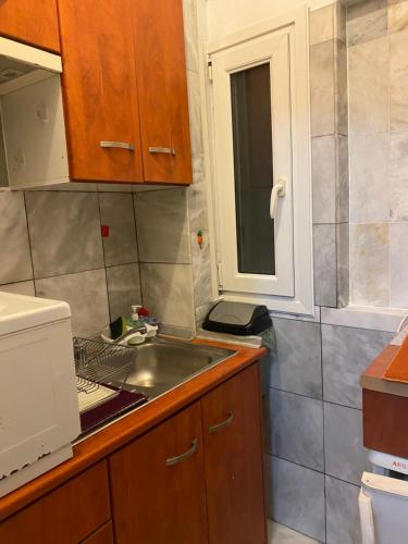 a small kitchen with a sink and a microwave at Igoumenitsa heart flats to let Mariasroom studios appart seaside-city Spyropoulos in Igoumenitsa