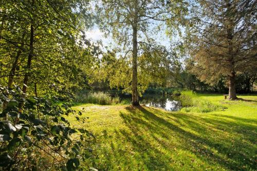 un parc avec des arbres et un étang dans l'herbe dans l'établissement Stoksholmene13, à Svebølle