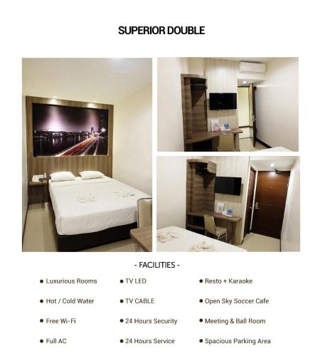 uma colagem de três fotos de um quarto de hotel em hotel my home em Sintang