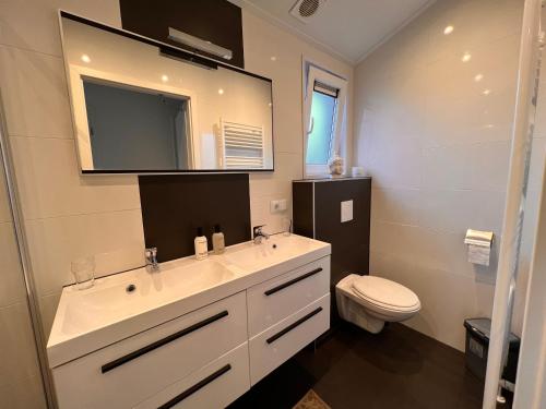 een badkamer met een wastafel, een toilet en een spiegel bij Exclusieve vakantievilla ***** Markermeer in Bovenkarspel