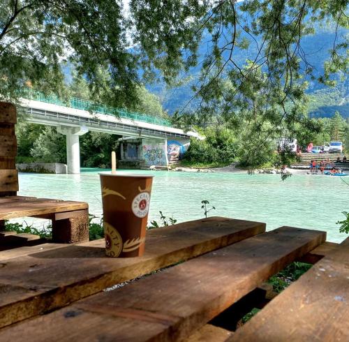 a cup of coffee sitting on a wooden table near the water at Apartma Nando in Bovec