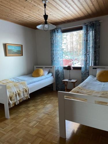 a bedroom with two beds and a window at Tiitun Tupa Ivalo in Ivalo