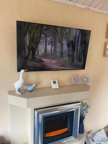 a fireplace with a painting on the wall at Throstles Nest in Troutbeck Bridge