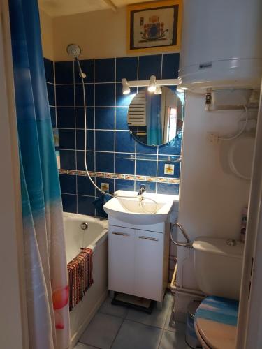 La salle de bains est pourvue de carrelage bleu, d'un lavabo et de toilettes. dans l'établissement T2-CLIM-FIBRE-GARAGE 2,30 x 4,95 x 1,90 à LA FAVIERE, à Bormes-les-Mimosas