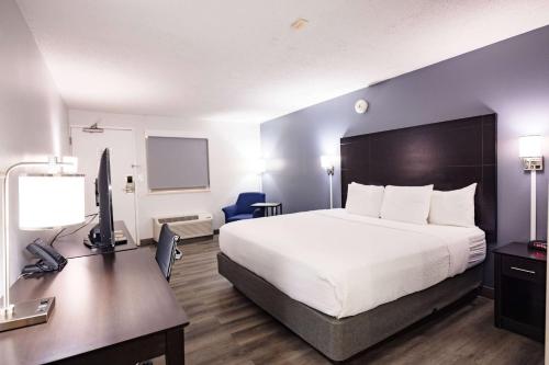 a hotel room with a bed and a desk with a computer at La Quinta Inn by Wyndham Tampa Near Busch Gardens in Tampa