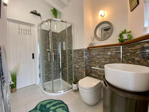 a bathroom with a shower and a toilet and a sink at Clover Neuk Mews Cottage, 34a Main Road in Fairlie