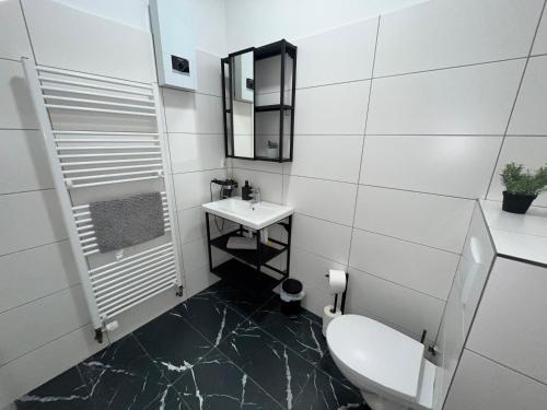 Baño blanco con aseo y lavamanos en Apartment Central 10D 55qm Wi-Fi free Parking calm back house, en Dortmund