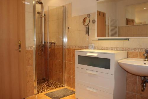 a bathroom with a sink and a shower at Haus am See in Bernburg