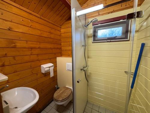 uma casa de banho com um WC e um lavatório em Vakantiehuisjes Robersum em Vierhuizen