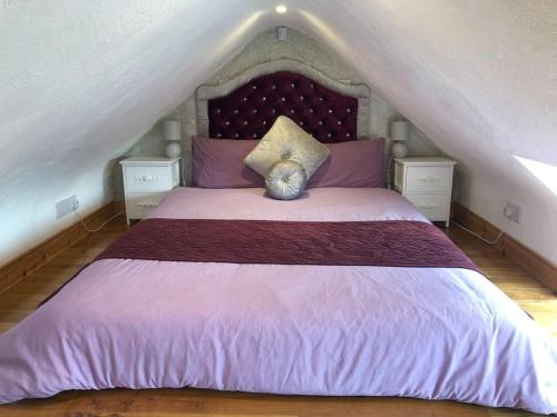 Mc Courts Barn, Tiny house in the Mournes في Hilltown: غرفة نوم مع سرير كبير مع ملاءات ووسائد أرجوانية