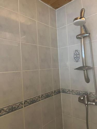 une douche avec pommeau de douche dans une salle de bain dans l'établissement Le charme d'une chaumière typiquement bretonne, à Concarneau