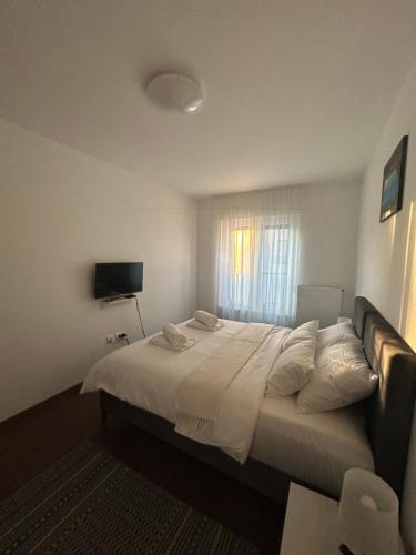 a bedroom with a large bed and a window at Vila Drina Apartments in Banja Koviljača