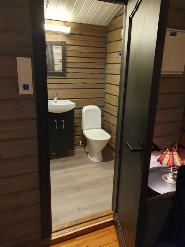 La salle de bains est pourvue de toilettes et d'un lavabo. dans l'établissement Bjørgebu Camping AS, à Mysusæter