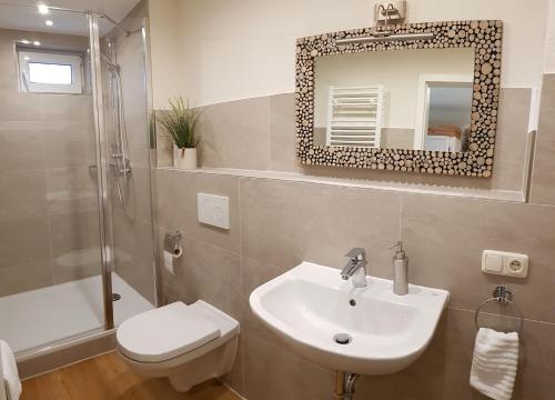 a bathroom with a sink and a toilet and a mirror at Gemütliche Ferienwohnung am Ortsrand in Kreuzwertheim