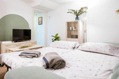 een slaapkamer met 2 bedden en een flatscreen-tv bij Casa Ariño Casco Antiguo Arcade para jugar in Zaragoza