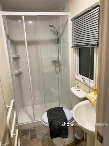 une salle de bains avec douche, toilettes et lavabo dans l'établissement 2 Bed Chalet - Sleeps 5 - Garden - Parking - Wifi, à Prestatyn