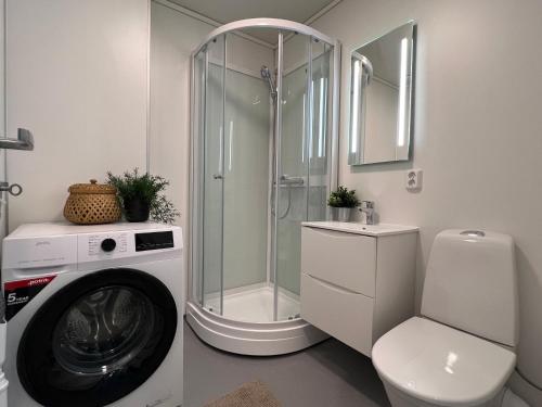 a bathroom with a shower and a washing machine at Vaskerelven 4 in Bergen