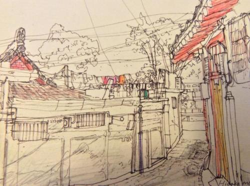 a drawing of a city street with buildings at Yangsajae in Jeonju